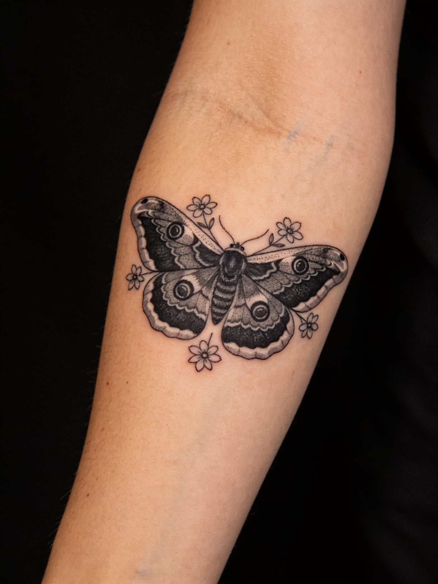 Night Moth — Floral tattoo, Forearm